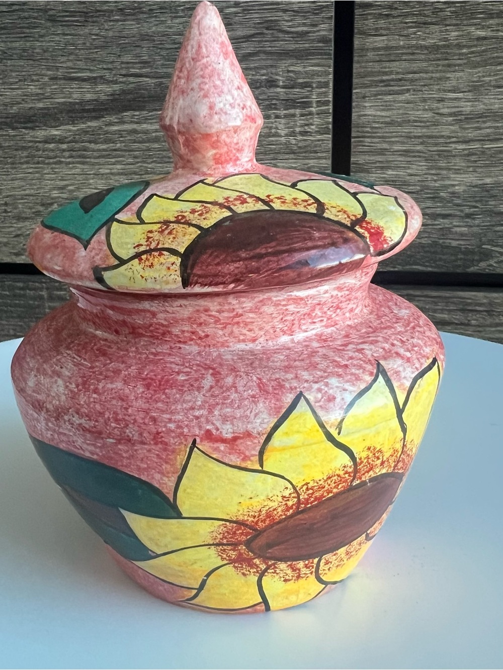 Mexican Pottery Hand Painted Sunflower Terracotta Jar with Lid Folk Art Decor⁠
